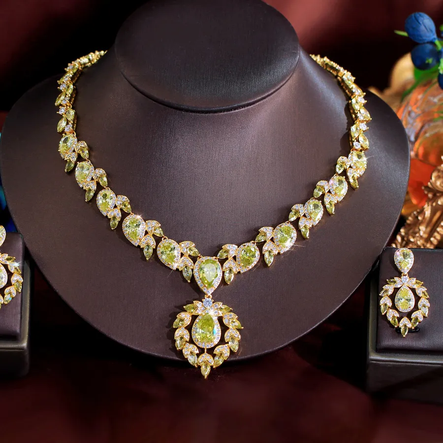 Authentic ThreeGraces Luxurious Shiny Olive Yellow Cubic Zirconia Big Water Drop Bridal Wedding Banquet Party Jewelry Set for Women T1086