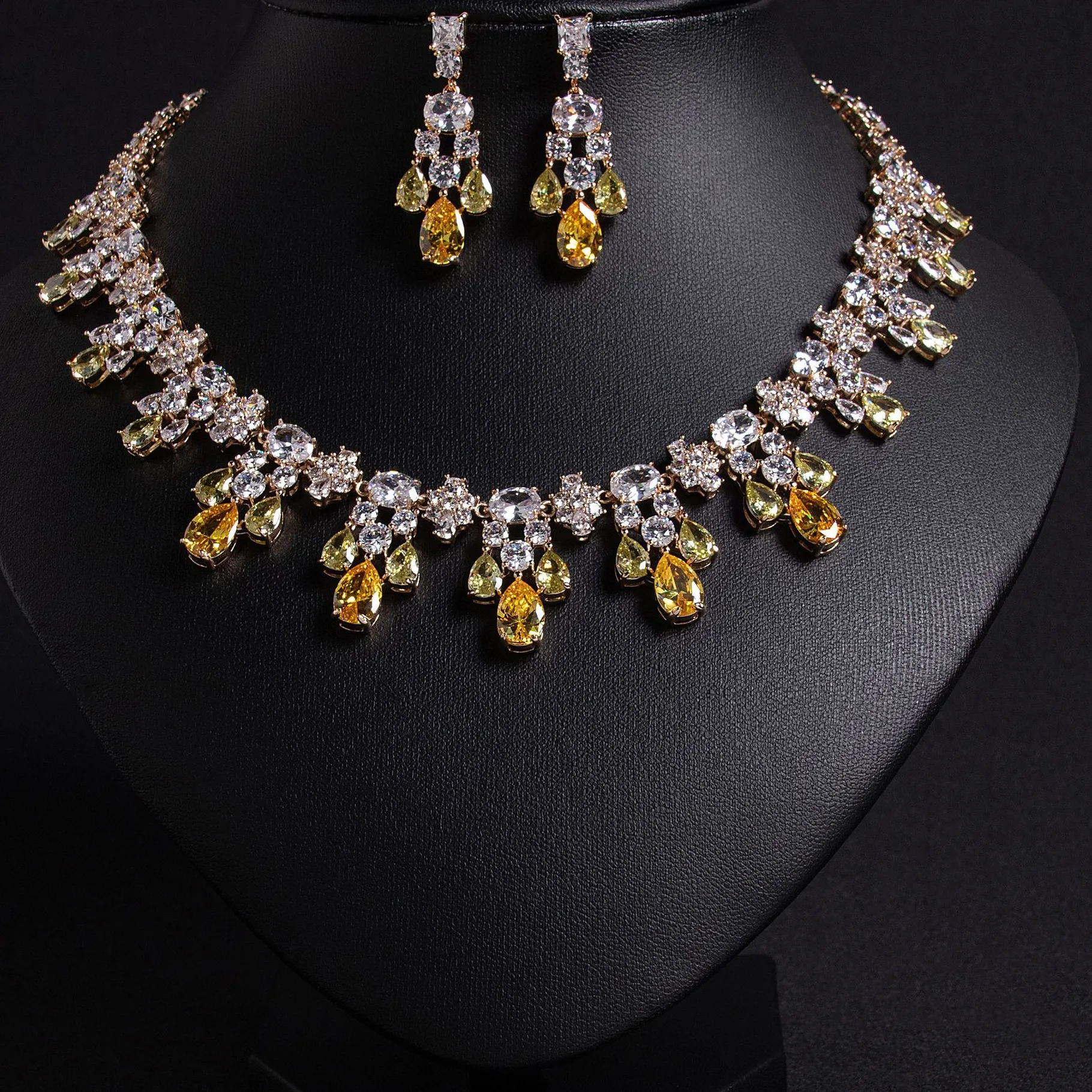 Authentic Amazing Summer Sparkling Yellow Ladies Jewellery Set Necklace Earrings Prom Banquet Party Gift Bridal Dress Accessories M-284