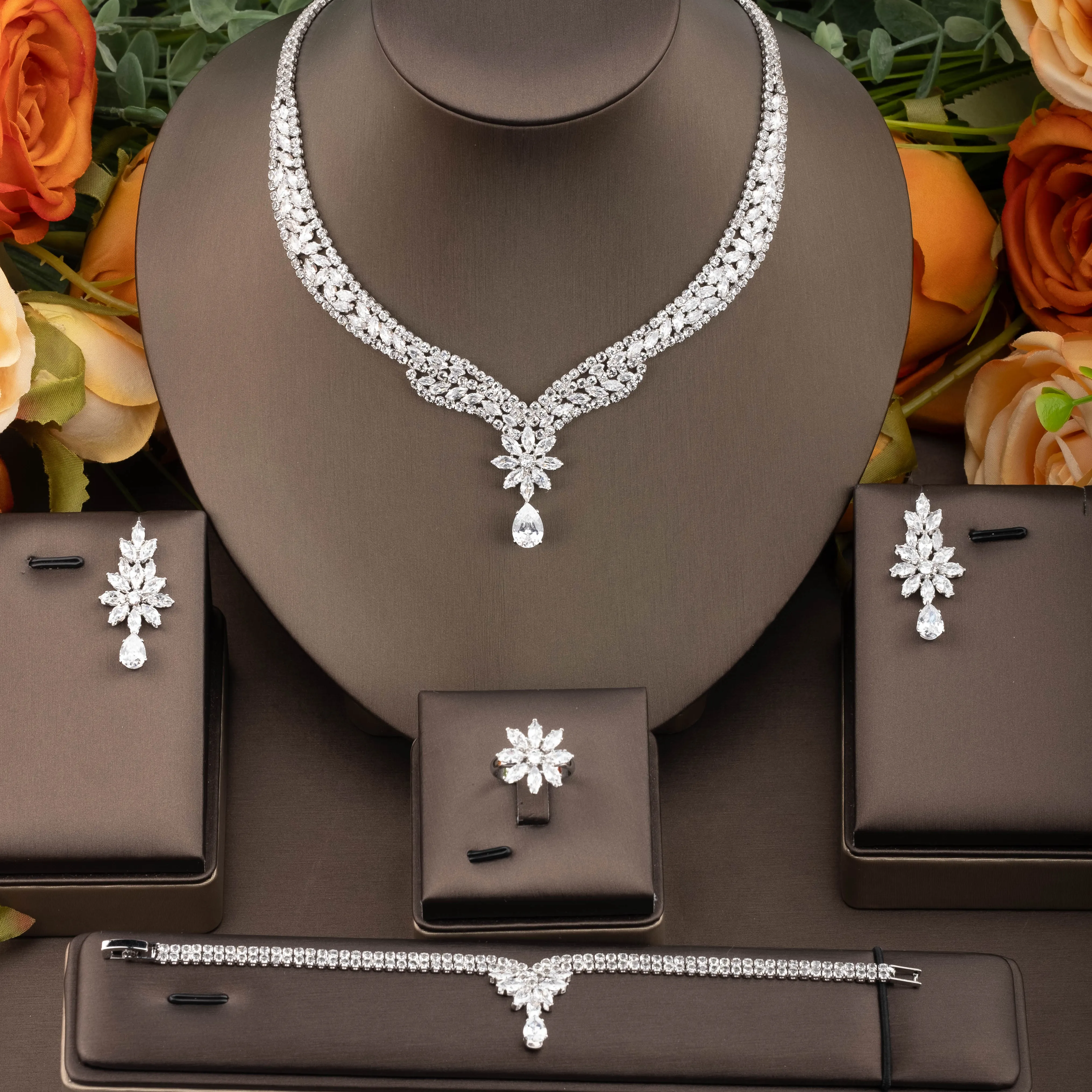 Authentic 1 Set of Luxurious and Elegant Jewelry Set with Sparkling Cubic Zirconia Sunflower Teardrop Pendant, Suitable for Women to Wear at Parties and Banquets. Gift Box Not Included