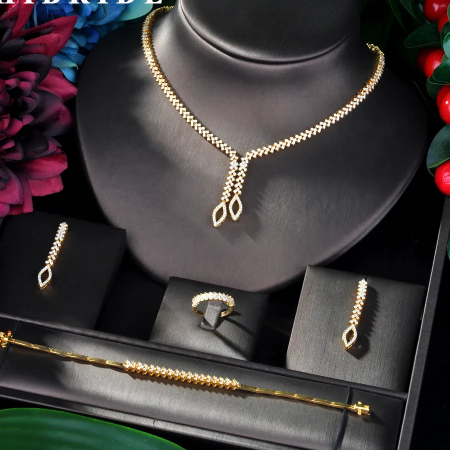 Authentic HIBRIDE Shining Brilliant Cubic Zircon 4pcs Bridal Set for Women Fashion Wedding Zircon CZ Dubai Bridal jewelry Set N-06