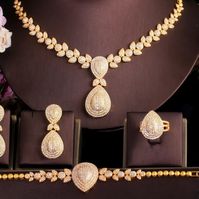Authentic ThreeGraces 4pcs Vintage Cubic Zirconia African Dubai Gold Color Luxury Bridal Wedding Banquet Jewelry Set for Women T0939