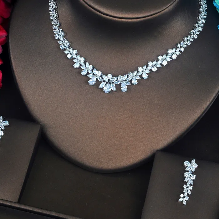 Authentic HIBRIDE Luxury Flower Shape Clear Cubic Zircon Female Jewelry Sets With Necklace Earring Set For Wedding Party Gifts  N-217
