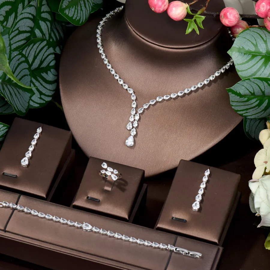 Authentic HIBRIDE Simple CZ Ladies Jewelry Sets Water Drop Cubic Zirconia Crystal Tassel Earrings and Necklace Set for Women Gifts N-1149