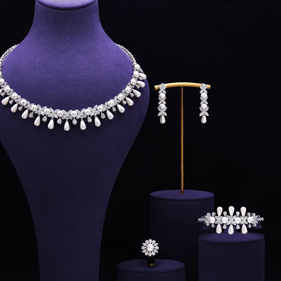Authentic Luxury Cubic Zirconia Jewelry Set Arab Wedding 4 Pieces Pearl Necklace Jewelry Set Bridal Party Gift