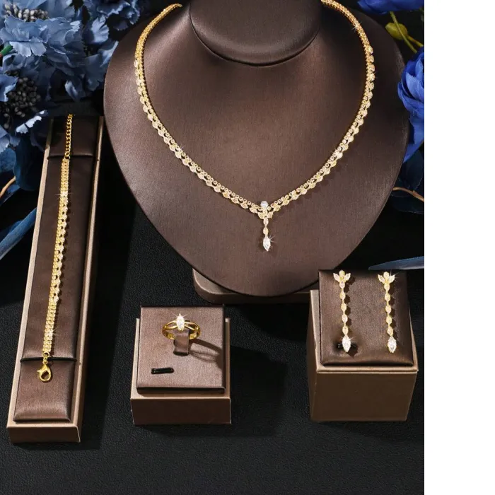 Authentic 5pcs Set Luxury Elegant Zirconia Stone Bridal Full-Crystal Jewelry Set, Fashionable Party Jewelry Set For Women