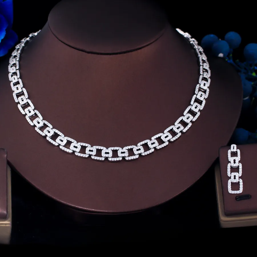 Authentic ThreeGraces Trendy Shiny Cubic Zirconia Necklace and Earrings HipHop Cuban Chain Link Party Jewelry Sets for Women T1026