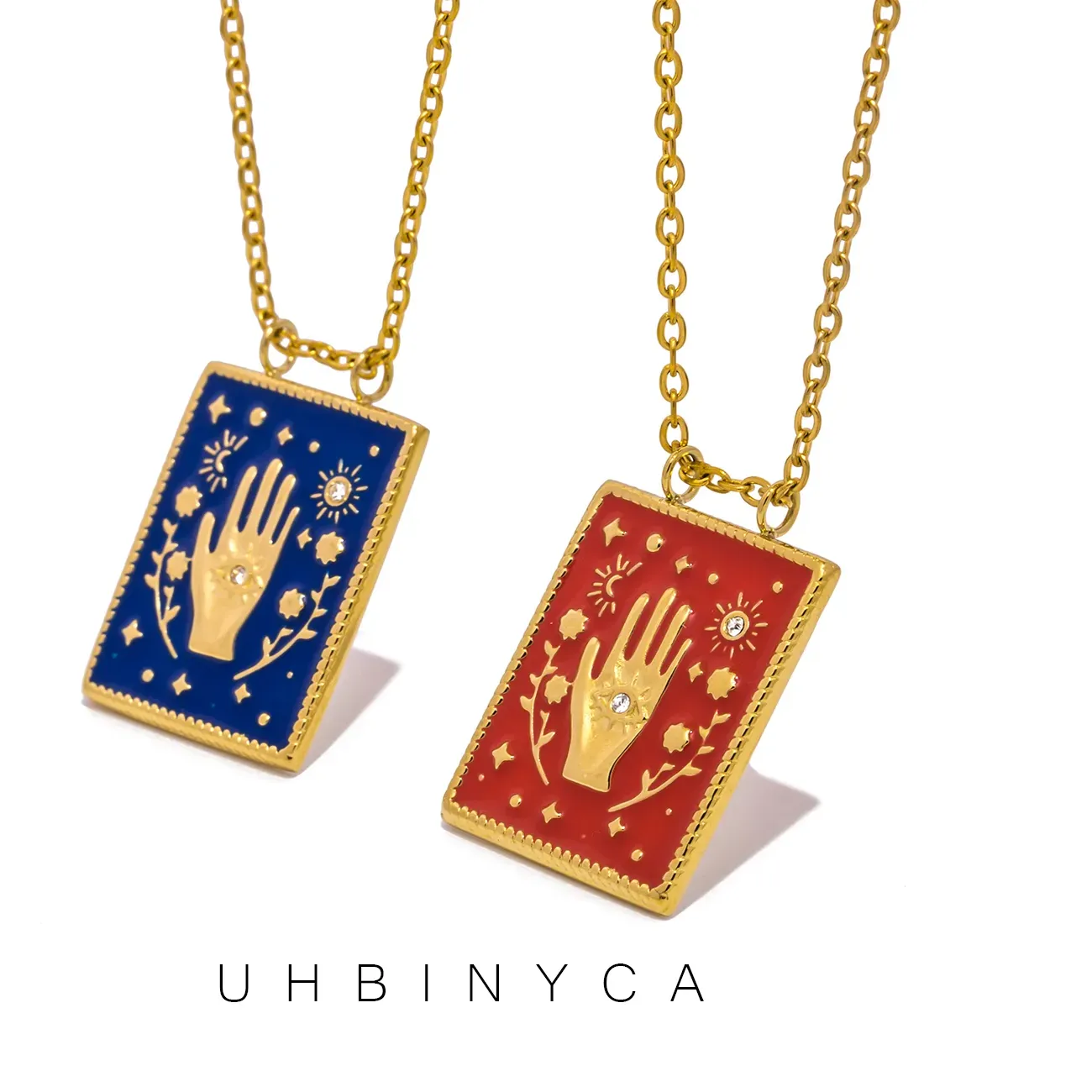 Authentic Vintage Hand of Fatima Square Pendant Necklace for Women 18K Gold Plated Enamel Neckalces Jewelry