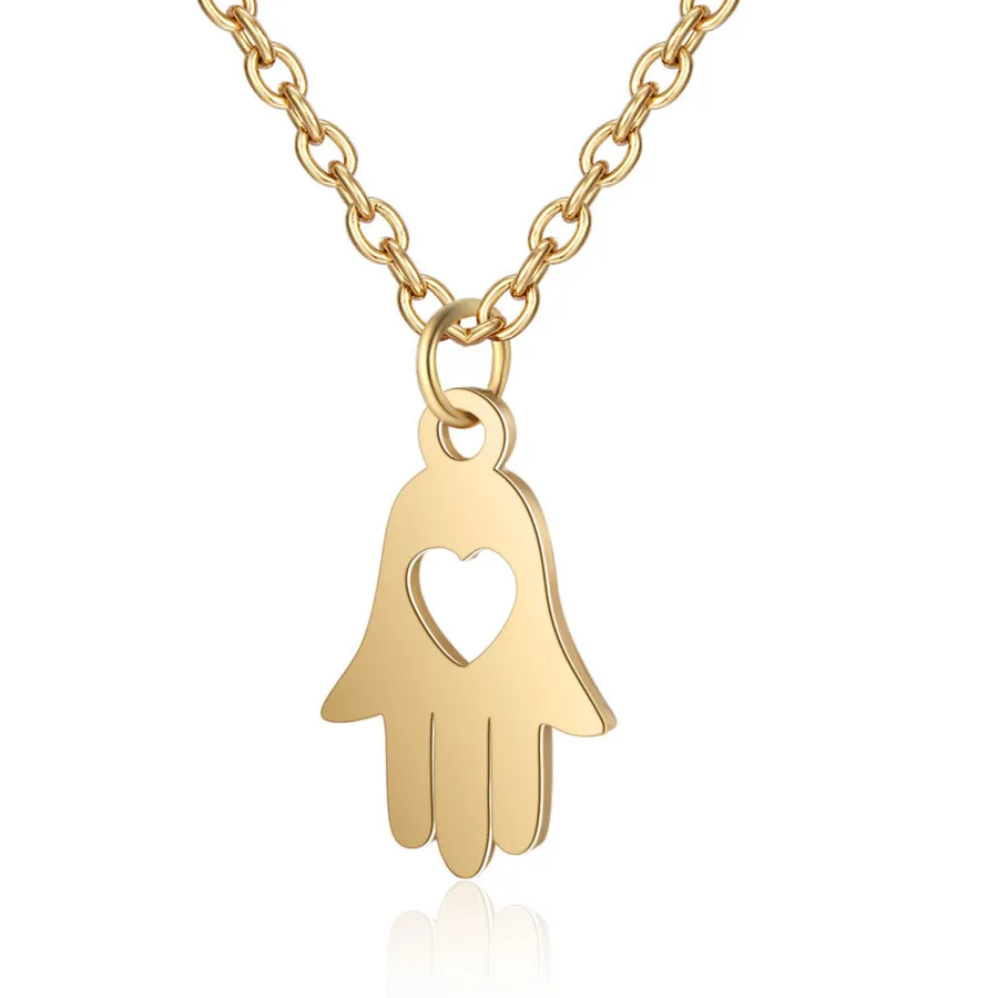 Authentic Cute Small Hamsa Hand of Fatima Pendant Female Gold Color Stainless Steel Palm Necklace & Chains For Women Girl Jewelry Gift