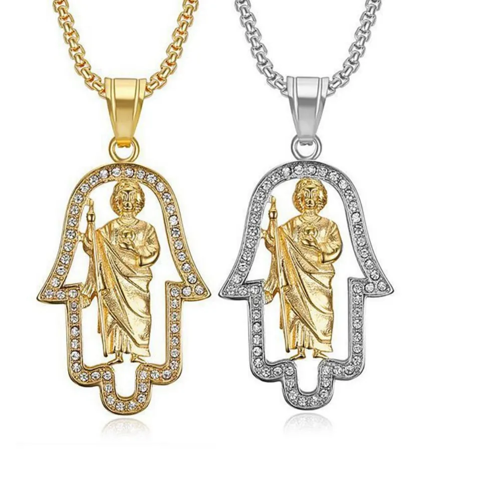 Authentic Hip Hop Saint Jude Hamsa Hand of Fatima Pendant Gold Silver Color Palm Amulet Necklace for Woman Man Jewelry