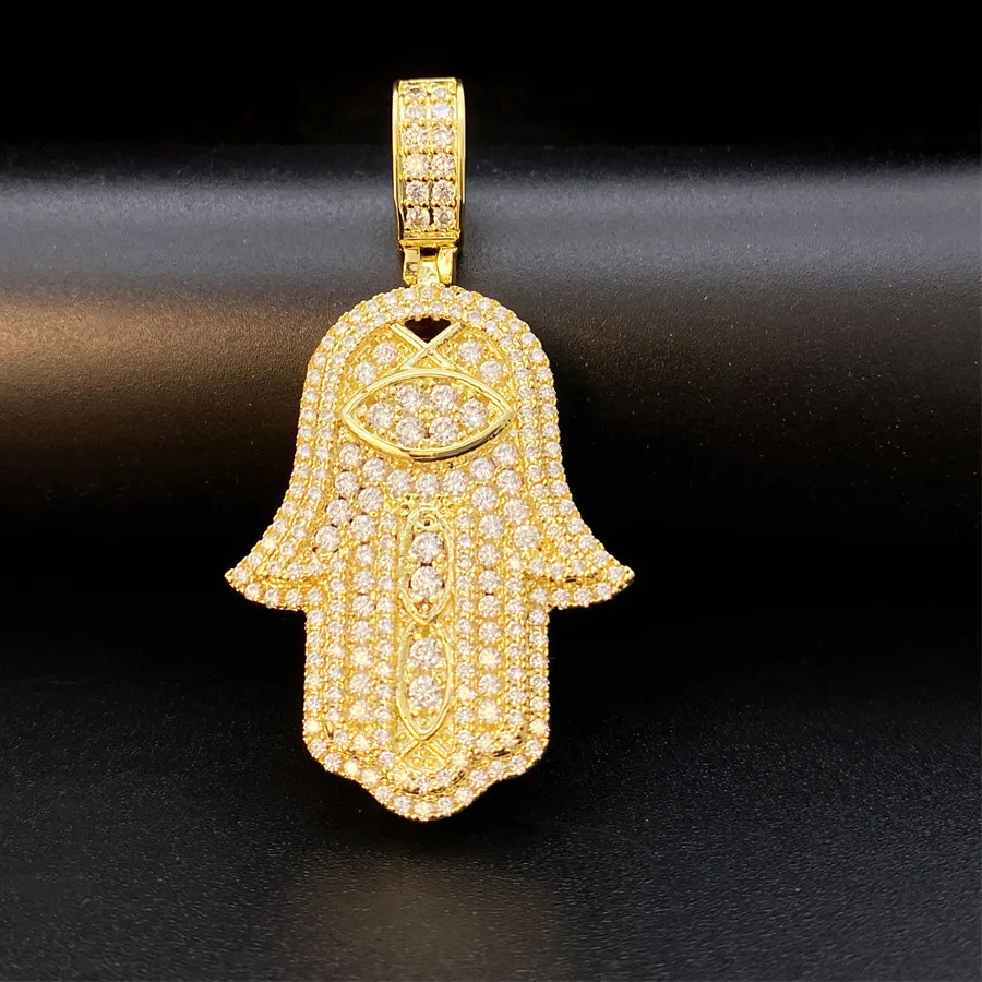Authentic Hip Hop Iced Out Cubic Zirconia Fatima Hand Pendant Women Men Ins Jewelry Plated 16k Gold Hamsa Pendant Necklace Birthday Gift