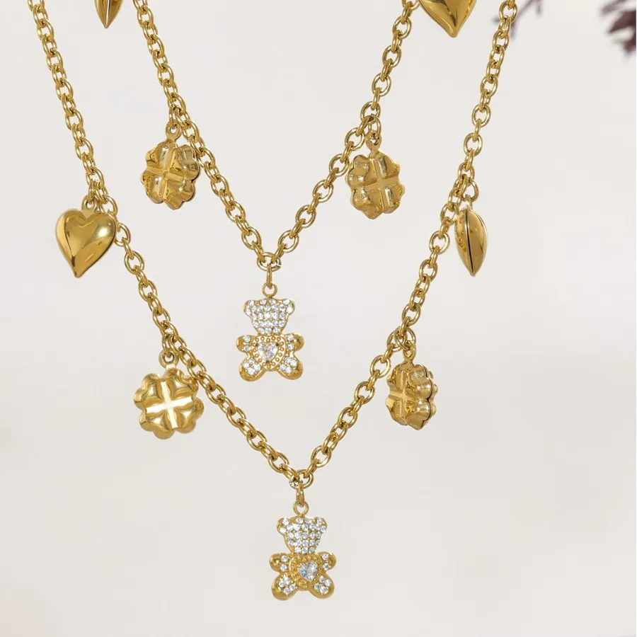 Authentic Chain Necklace Bracelet With Bear Heart Flower Charms For Women 18k Gold Plated Necklaces Bracelets Jewelry Set