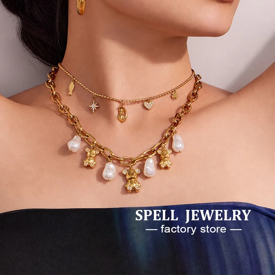 Authentic Bear Charm Baroque Pearl Layered Necklace Set 316L 18K Gold Plated Cute Cat Moon Star Zircon Necklaces Jewelry