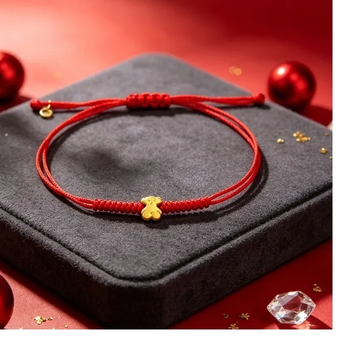 Authentic Women Red String Bracelet With Gold Plated Bear Charm Adjustable Lucky Jewelry