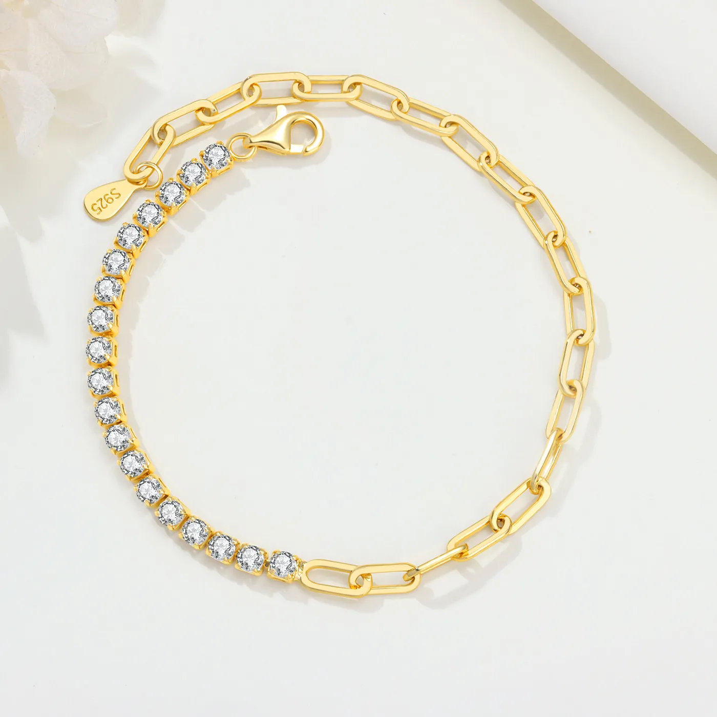 Authentic Gold Plated Bracelet Square Zircon Half Tennis Half Paperclip Chain Adjustable Dainty Stackable Bracelet Jewelry Gift for Women