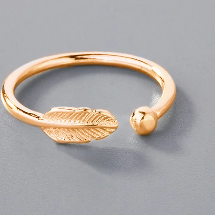 Authentic Simple Feather Round Bead Leaf Rose Gold Color Finger Silver Color Adjustable Rings For Women Trendy Delicate Jewelry