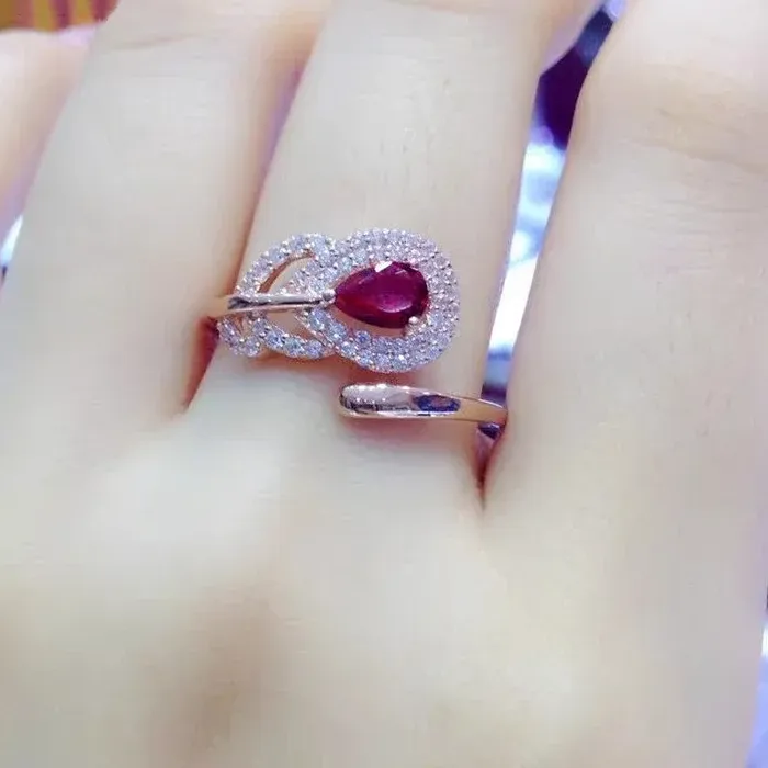 Authentic Plated Rose Gold Feather Ring for Women New in Inlaid Red Gem Creative Light Luxury Wedding Jewelry Adjustable