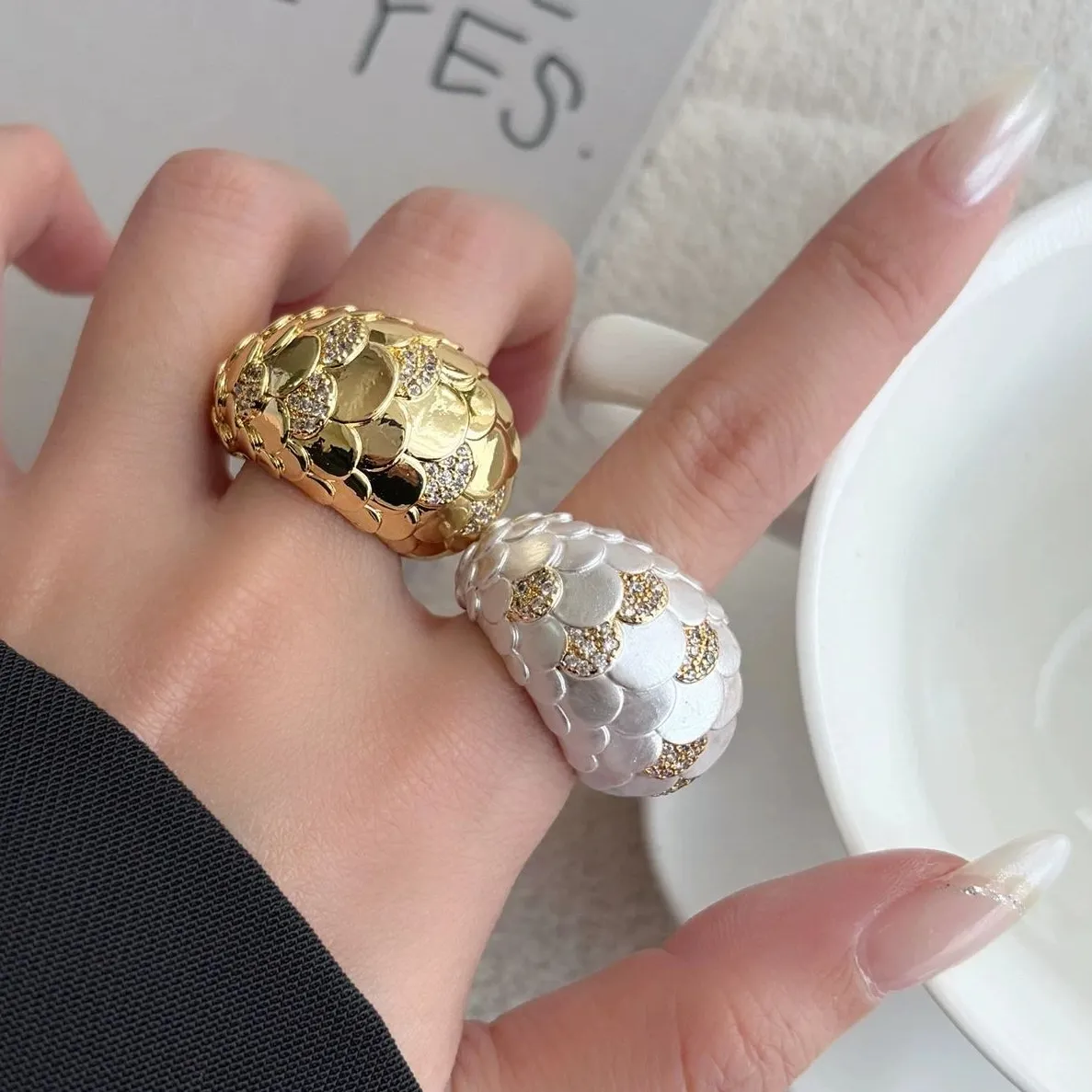 Authentic Retro Gold-Plated Dragon Scale Pattern Feather Open Ring Unique Fashionable Women's Elegant Jewelry Party & Vacation INS NEW