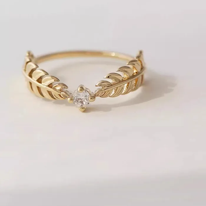 Authentic Vintage Crystal 585 Purple Gold Barley rings for women Plated 14K Rose Gold Romantic Leaf Feather Stacked Ring banquet Jewelry