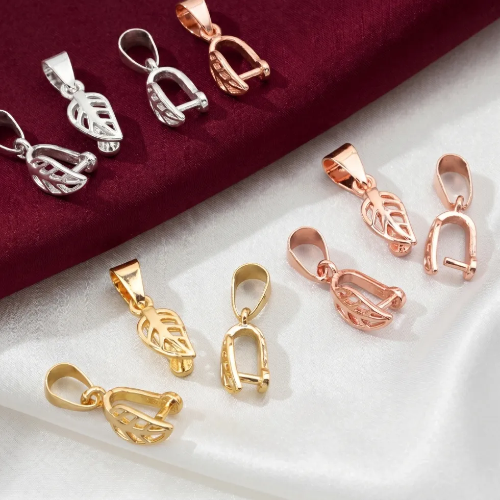 Authentic 5pcs 18K Gold Plated Leaf Shaped Pinch Bails,Pendant Clips with Clip,Jewelry Connectors For DIY Necklace Earrings Making Supply
