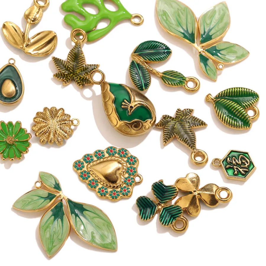 Authentic 1-5pcs Green Enamel Charms Gold Plated Stainless Steel Leaf Flower Avocado Pendants for DIY Necklace Earrings Jewelry Making