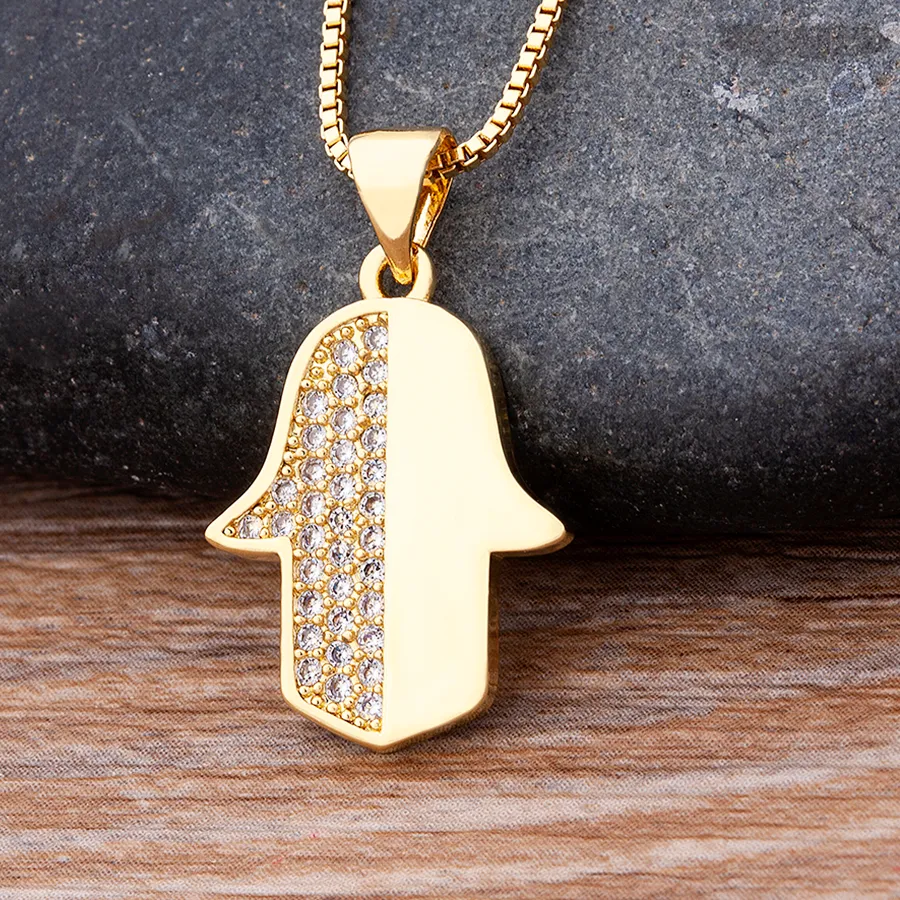 Authentic AIBEF Turkish Hamsa Hand of Fatima Palm Chain Choker Necklace Women Gold Color Fashion Charm Necklaces Crystal Simple Jewelry