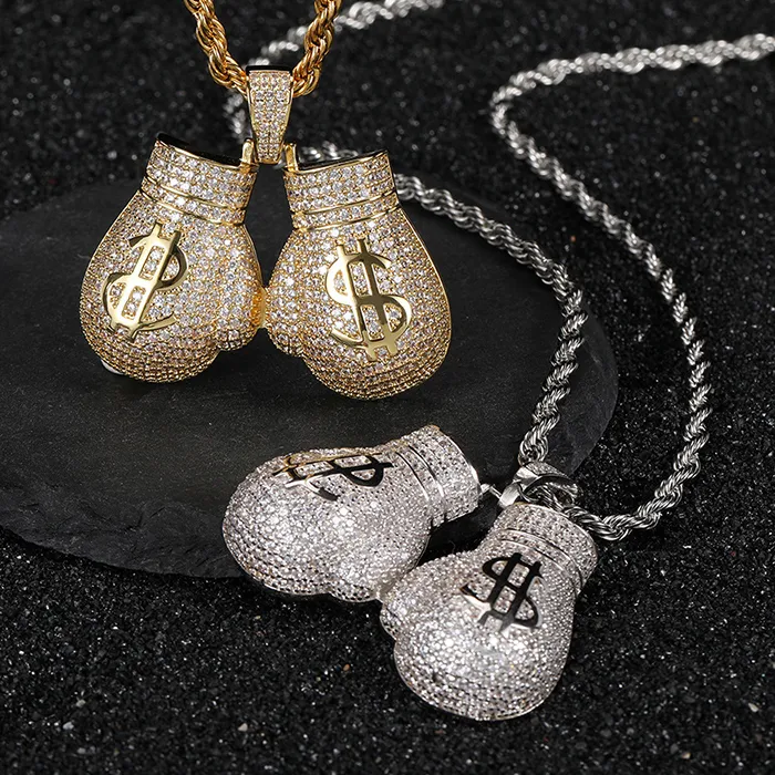 Authentic Hip Hop 3A+ CZ Stone Paved Bling Iced Out Boxing Glove Pendant Necklace for Men Rapper Jewelry Gold Silver Color