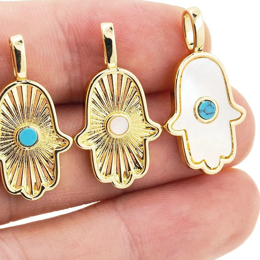 Authentic Fashion Vintage Pearl Shell Hamsa Hand Of Fatima Pendant CZ Gold Plated Religious Charm Jewelry Necklace Accessories For Women