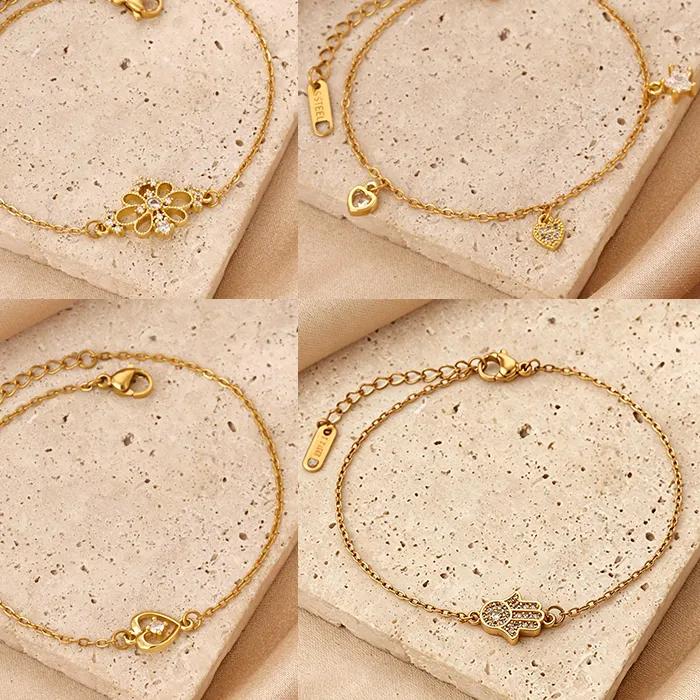 Authentic Vintage Texture Flower Bracelets for Women 18K Gold Plated Fatima Hands Heart Charms Wrist Bracelet Femme Fashion Jewelry Gifts