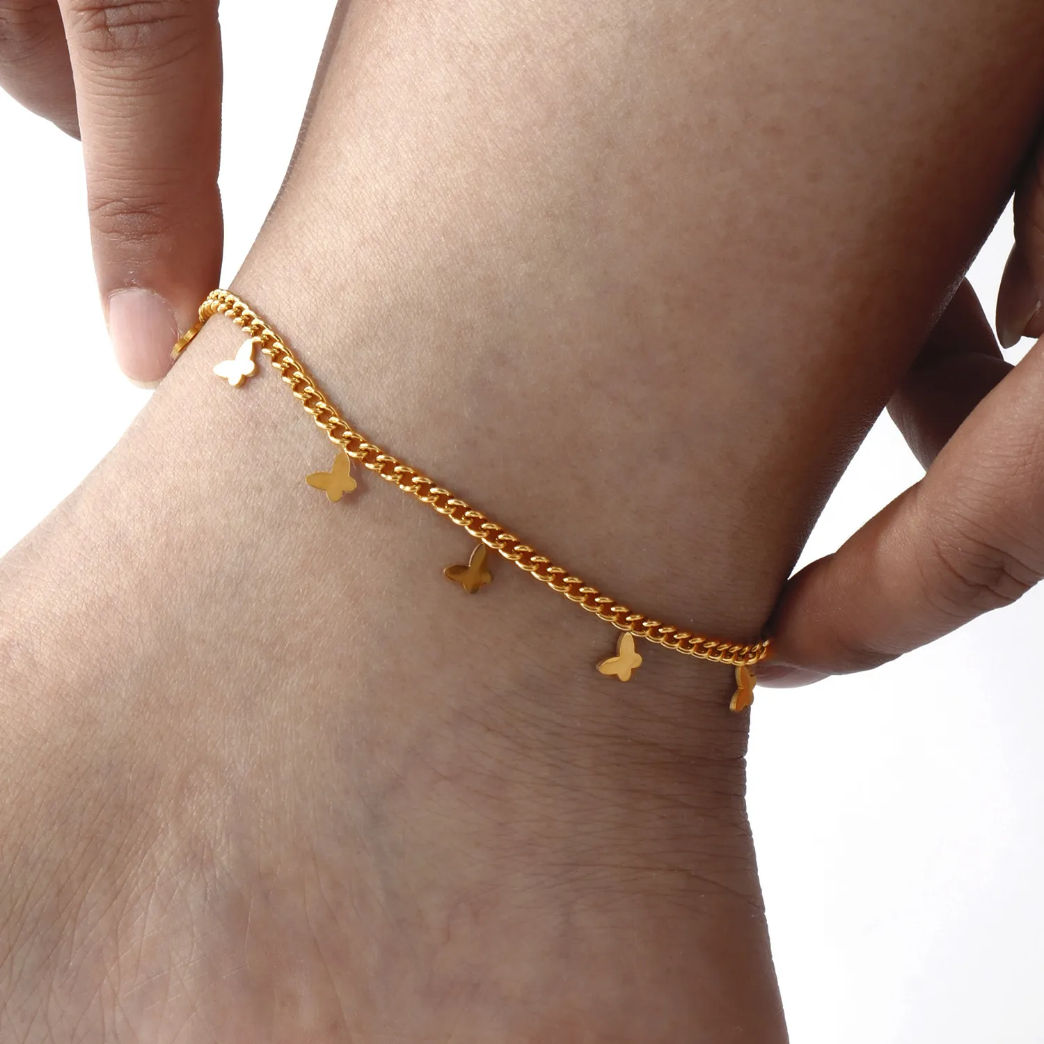 Authentic 304 Stainless Steel Curb Link Chain Anklet 18K Gold Plated Butterfly Star Charms For Women Foot Jewelry Summer Gift 22cm long
