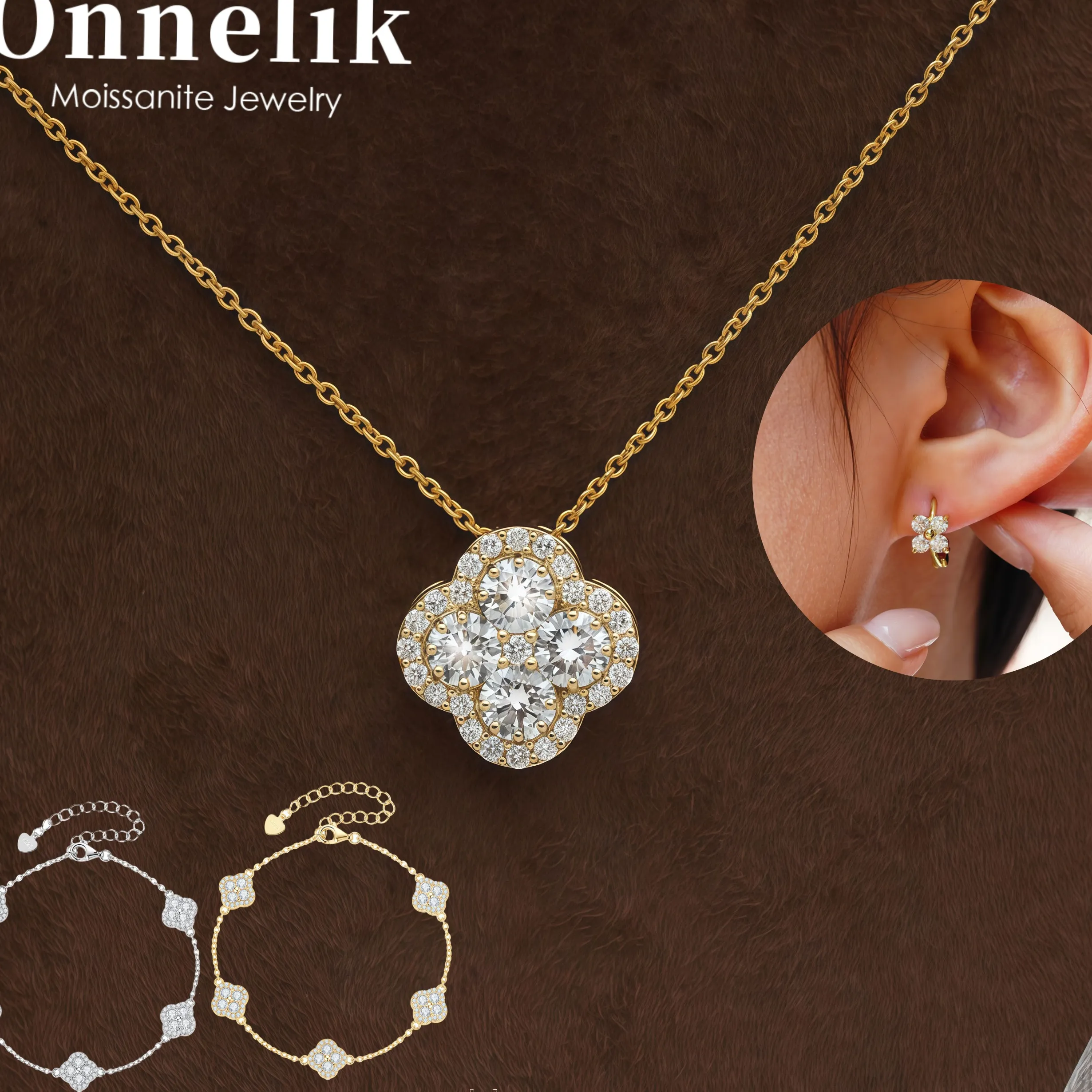 Authentic Onnelik 14K Gold Plated Four Leaf Clover Moissanite Jewelry Set Necklace Bracelet Earrings Sparkling Luxury Unique Design Gifts