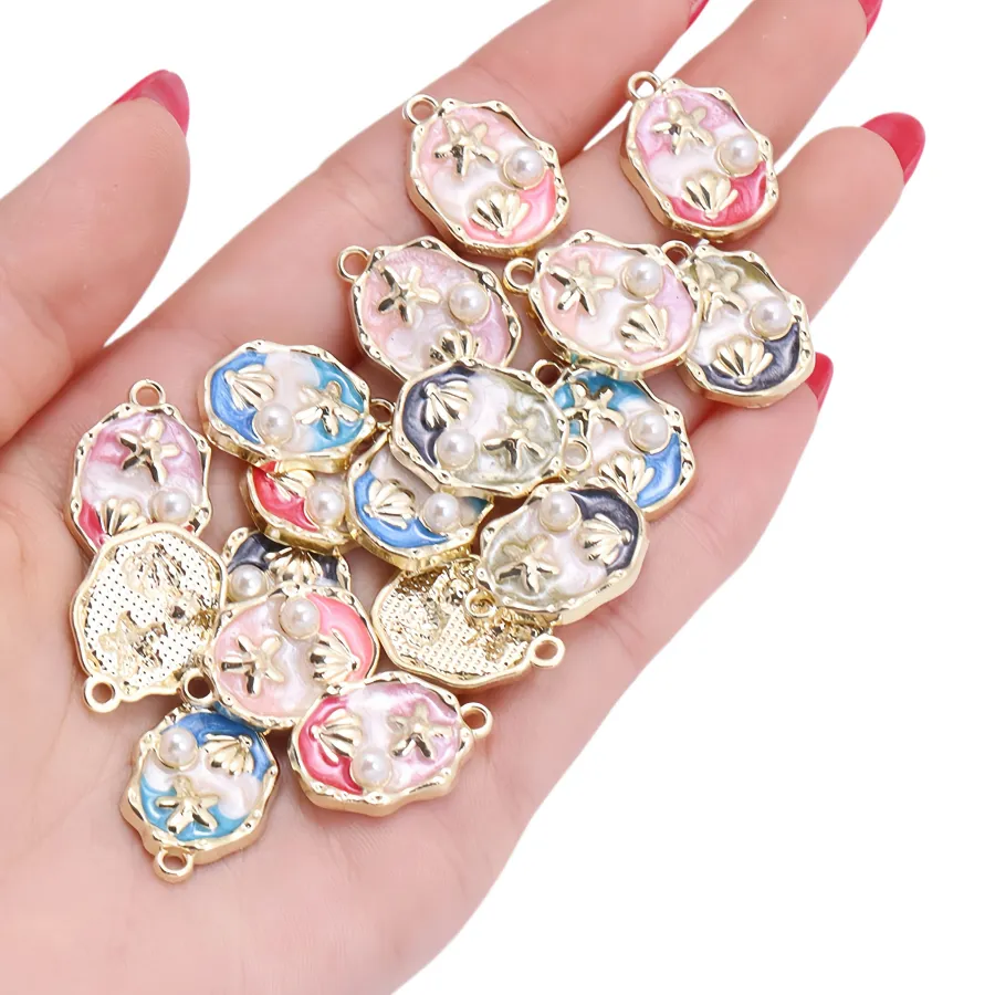 Authentic 10Pcs Gold Plated Colorful Enamel Shell Sea Star Charms Pearl Pendant Pendant for Jewelry Making Necklace Earrings DIY Accessor