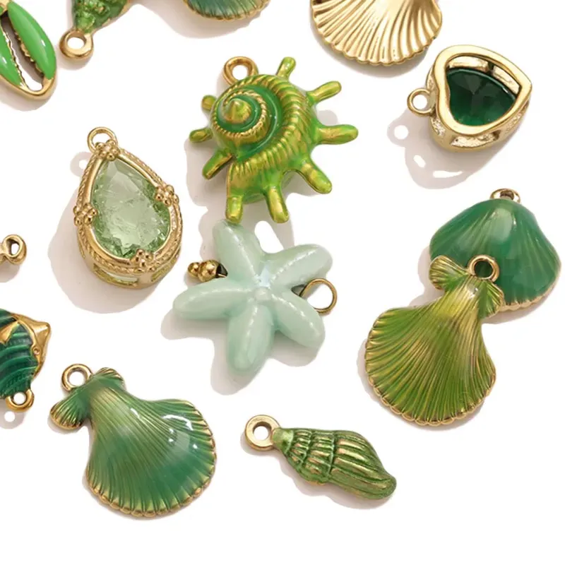 Authentic 1-5pcs Green Enamel Ocean Theme Charms Gold Plated Conch Shell Starfish Pendant for DIY Earrings Jewelry Making