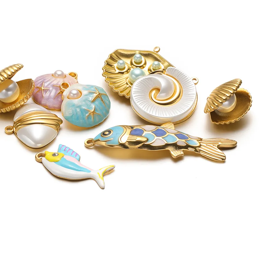 Authentic 4Pcs Gold Plated Enamel Fish Charms Shell Conch Pendants for DIY Jewelry Necklace Earrings Supplies Bulk