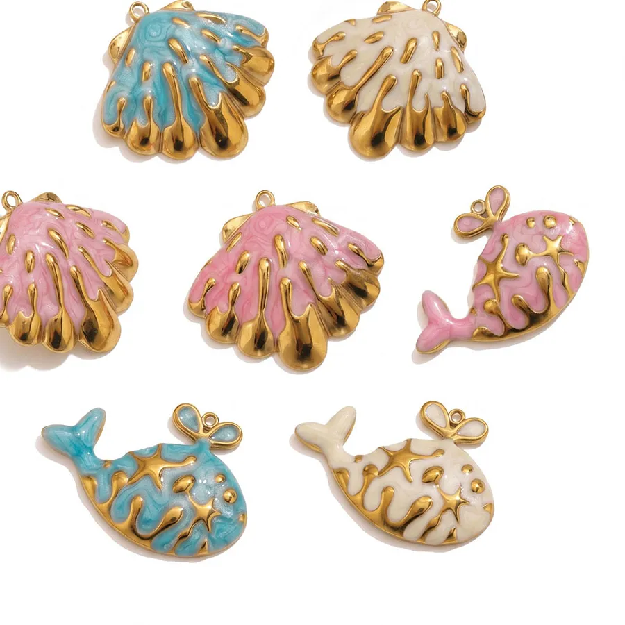 Authentic Twin Oceanic Whisper Charms – Gold‑Plated Enamel Whale & Shell Talismans for Sacred DIY Jewelry
