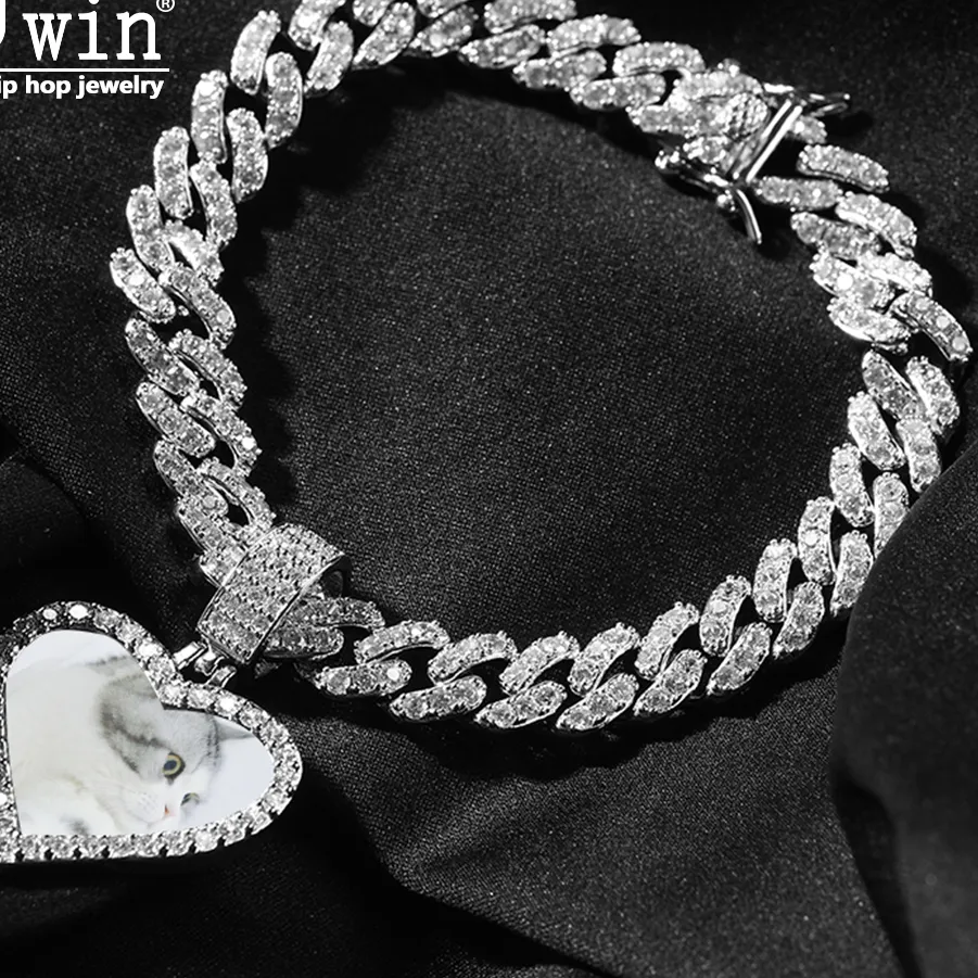 Authentic Uwin Heart Photo Pendant With 9mm Cuban Chain Gold Silver Plated Luxury Micro Paved CZ Chain