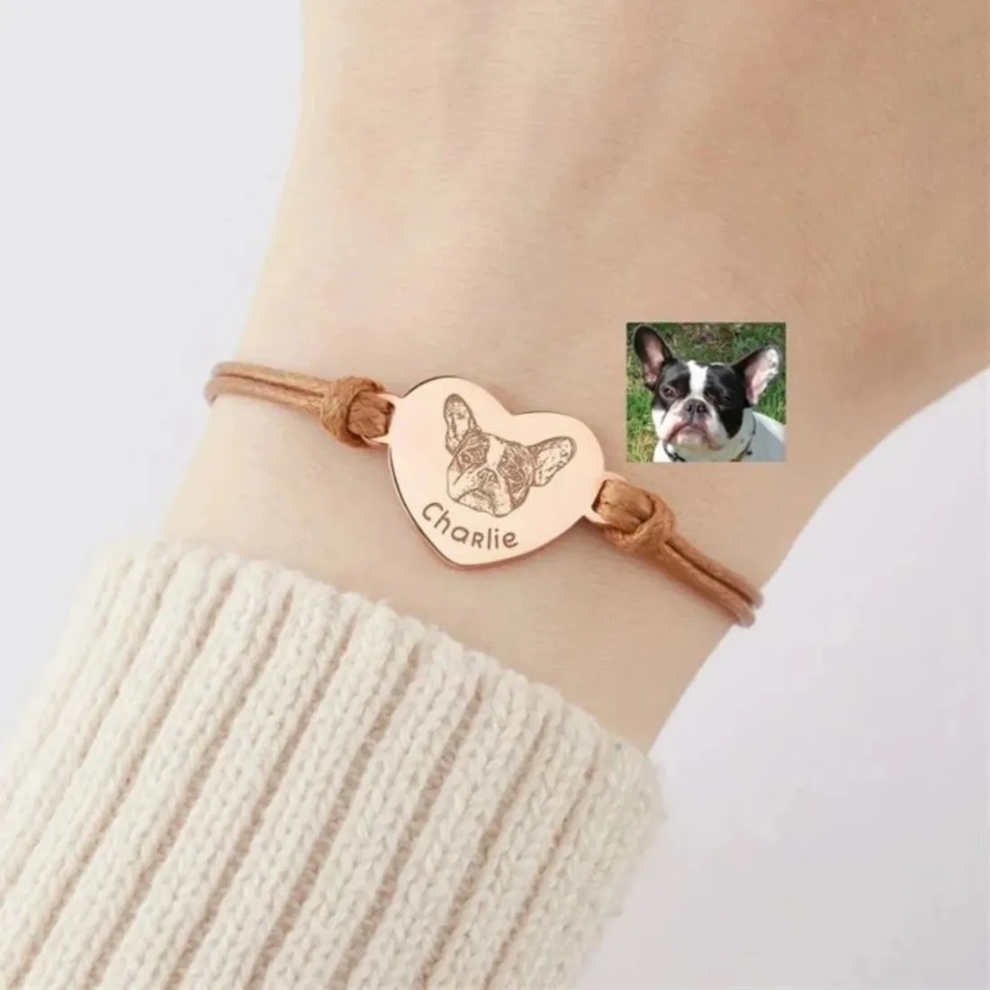 Authentic Custom Pet Portrait Name Bracelet Personalized Heart Shaped Charm Stainless Steel Jewelry With Leather Strap Bracelets Christmas