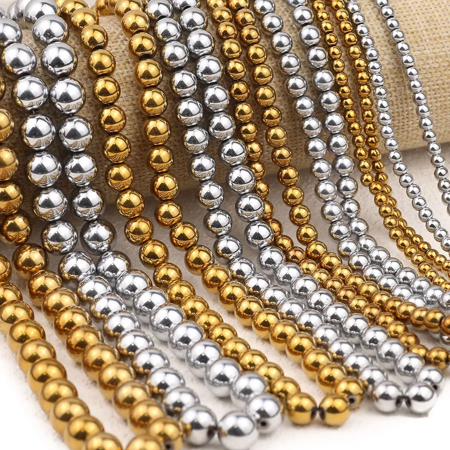 Authentic 2- 10Mm Natural Stone Gold Color Vacuum Plated Round Hematite Non- Magnetic Spacer Loose Beads For Jewelry Making Bracelets Diy