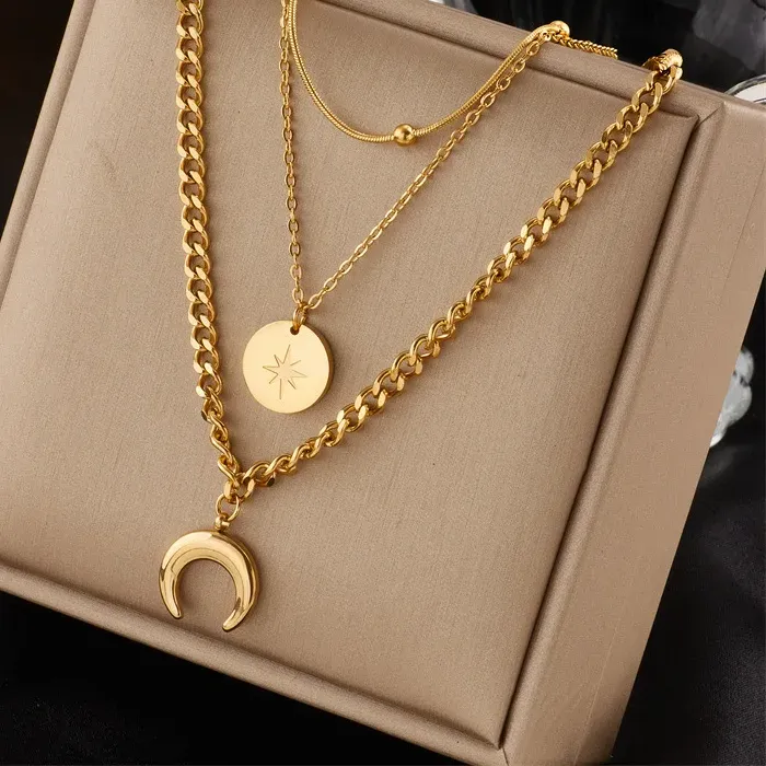 Authentic Gold Plated Retro Multi Layer Stacked Necklace - European American Chain Star Moon Pendant Accessories