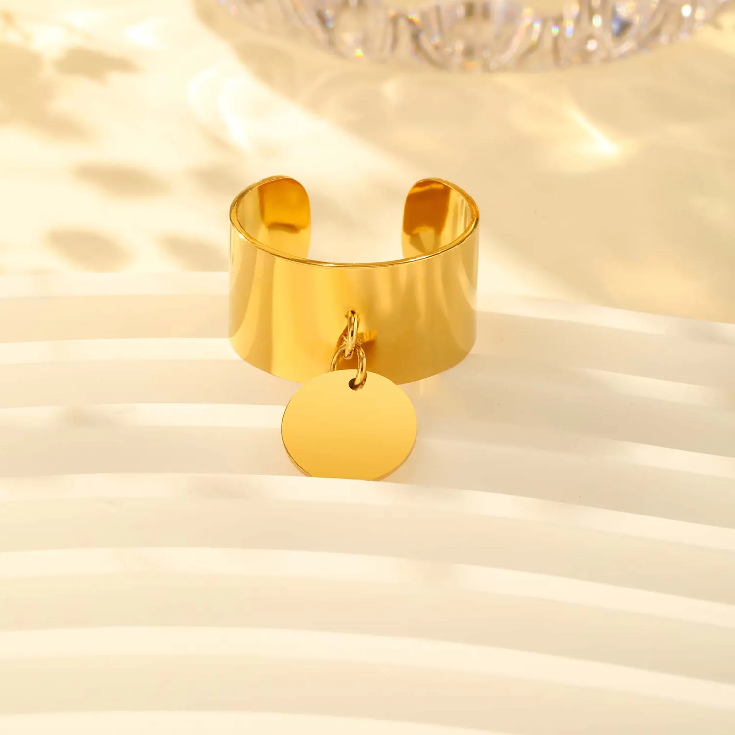 Authentic Minimalist Stainless Steel Open Ring with Round Pendant, 18K Gold Plated Charm Wide Ring, High Quality Luxury Jewelry for Women