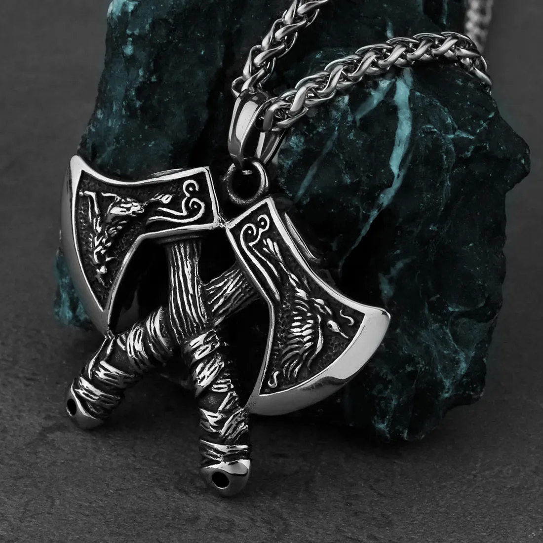 Authentic Viking Double Axe Domineering Wolf and Eagle Pendant Necklace Trending Products Men's Jewelry
