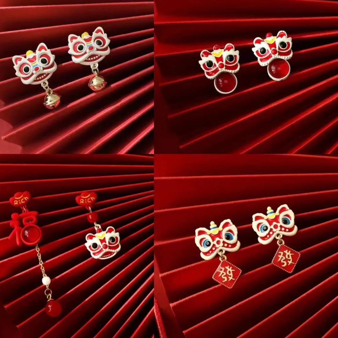Authentic 2024 New Year Ethnic Red Color Earrings for Women Traditional Golden Lucky Lion Shaped Fashion Jewelry Creative Festival Gifts