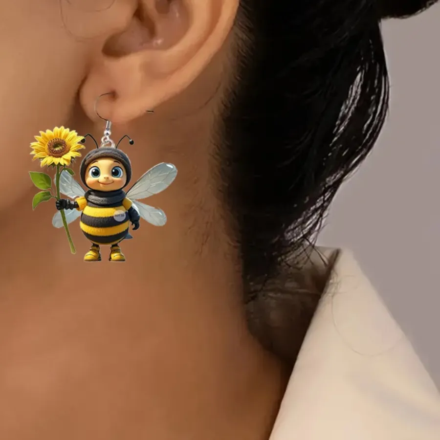 Authentic Creative Design Stereo Simulation Sunflower Little Bee Acrylic Earrings Dangle Earrings for Women Cute Jewelry Accessories Gifts