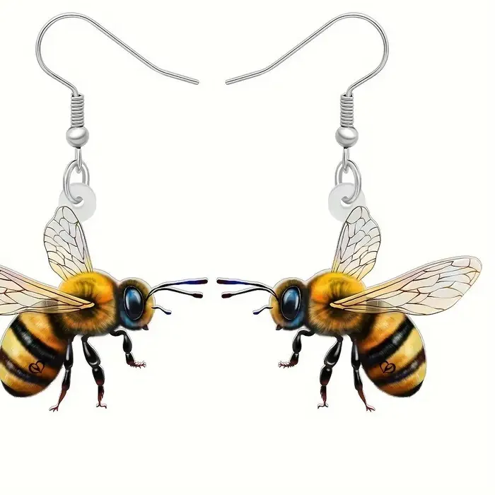 Authentic Ladies Acrylic Bee Pendant Earrings- Four Seasons Jewelry Yellow Buzzing Bee Design, Suitable And Insect Lovers