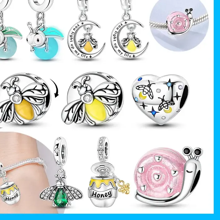 Authentic Cute Bee Snail Honey Moon CZ Original Charms Silver Plated Beads Fit Bracelets Bag Keychain Charms Diy Women Accessory