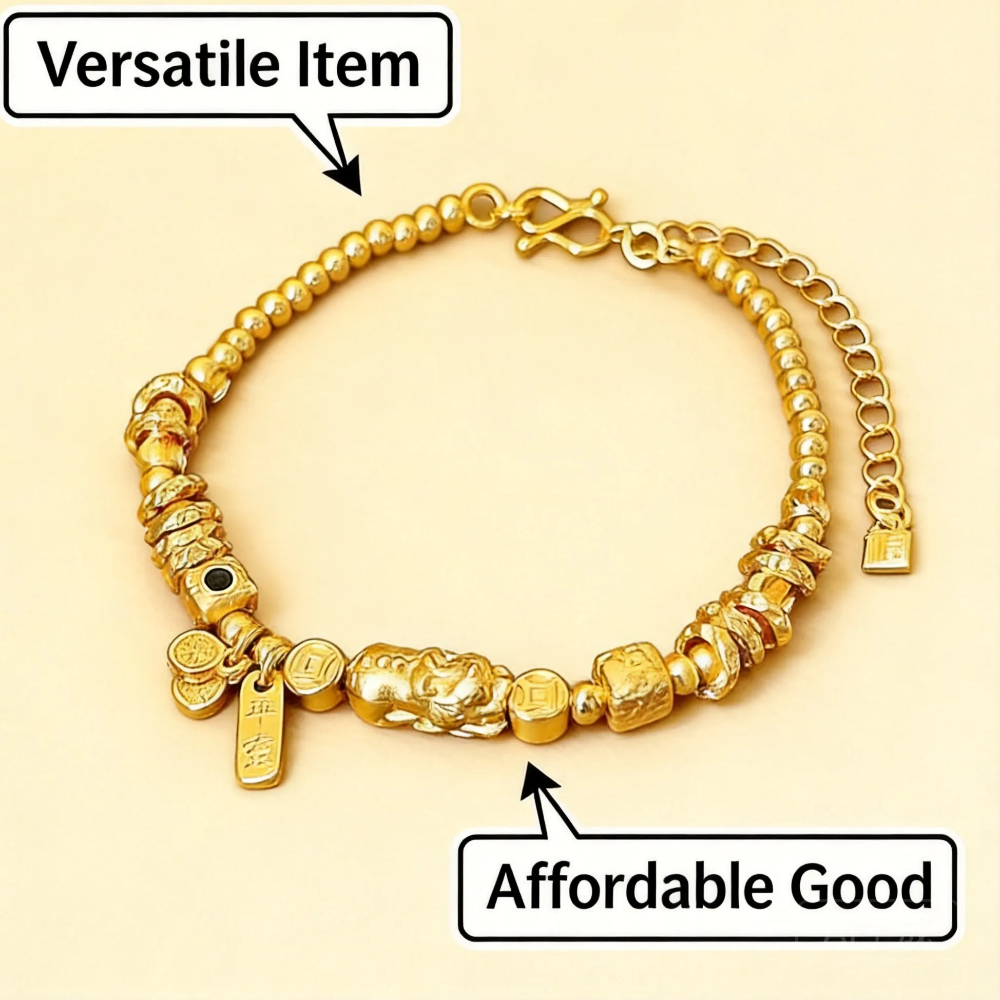 Authentic 24k Real Gold Plated Chinese Traditional Pixiu Beaded Bracelet For Women Lucky Wealth Blessing Feng Shui Copper Coin Charm Adjus