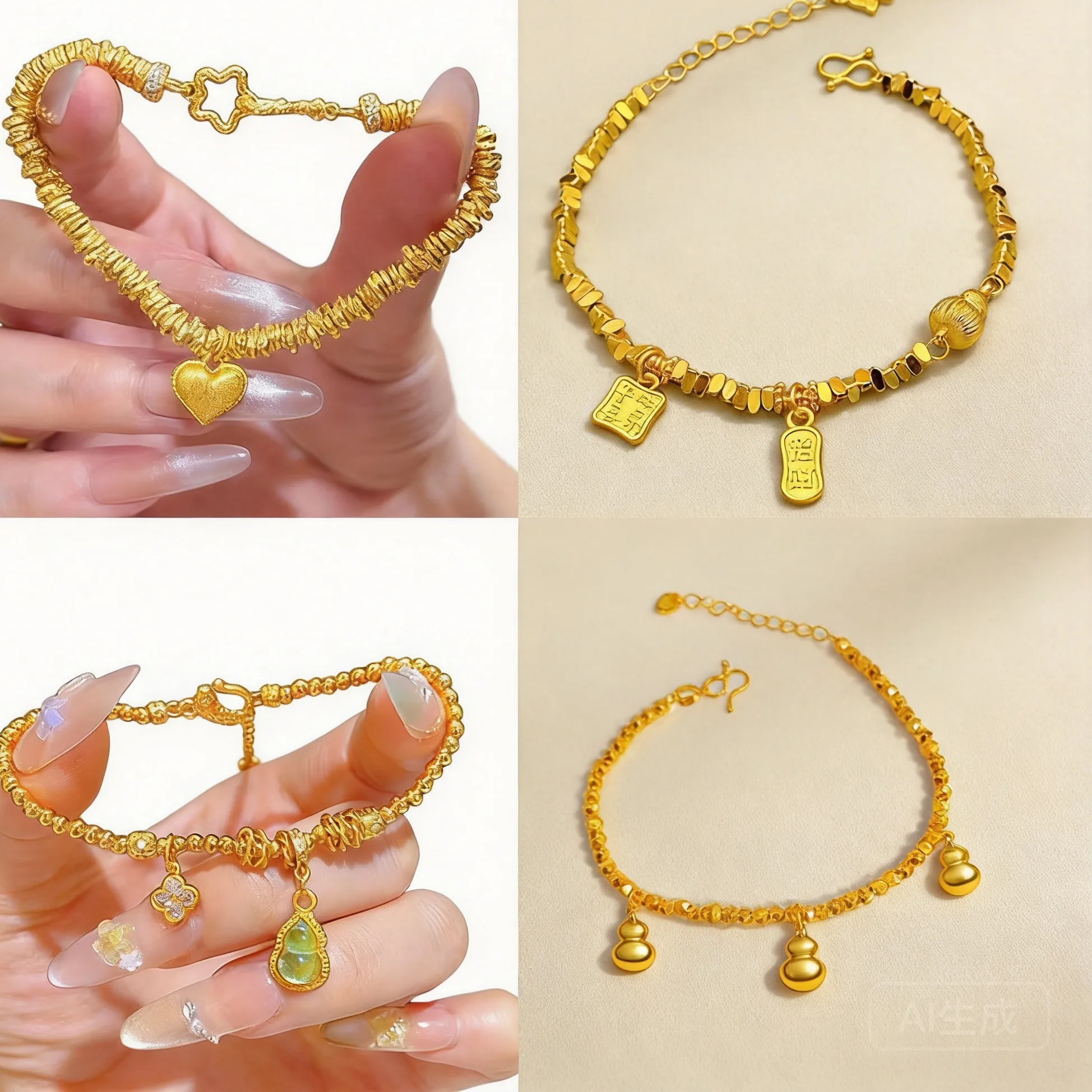Authentic Chinese Feng Shui Lucky Gold Plated Coiled Bead Bracelet For Women Auspicious Gourd Heart Charm Blessing Wealth Fortune Jewelry