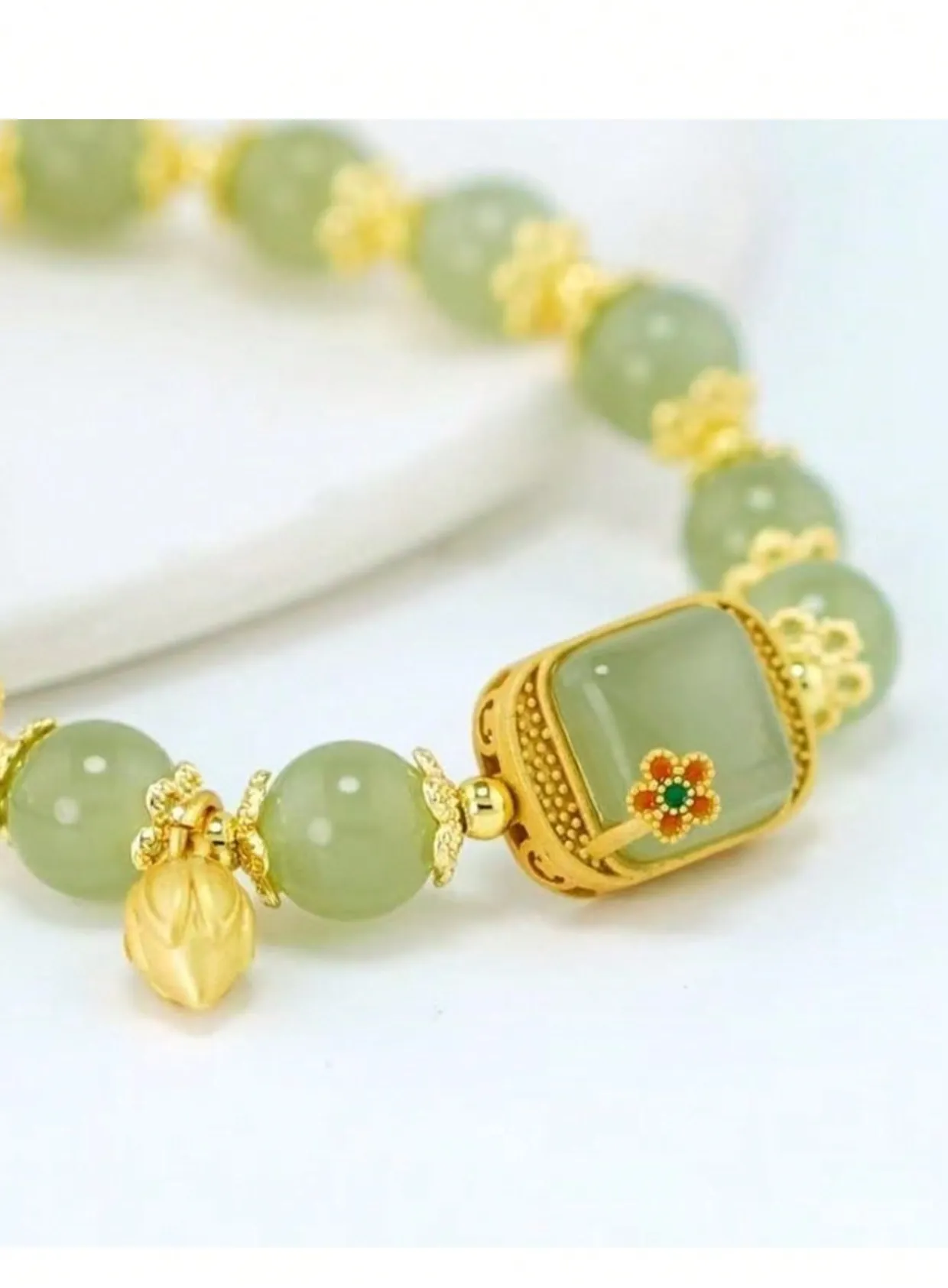 Authentic Mystic Lotus Jade Bracelet – Gold‑Plated Lotus Bud Pendant, Faux Aventurine & Quartz Beads