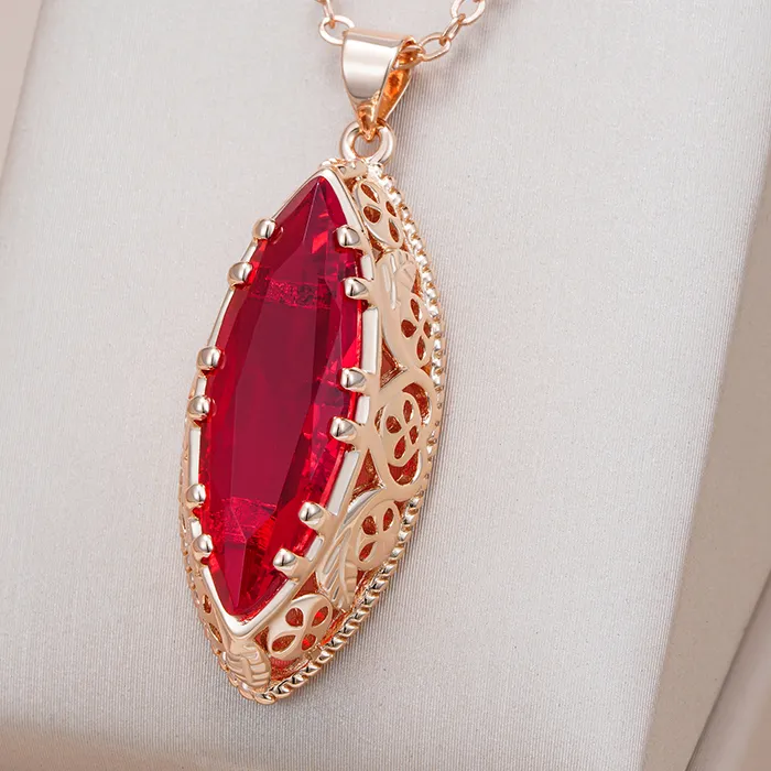Authentic Kinel Hot 585 Rose Gold Color Ethnic Bride Pendant Necklace Vintage Jewelry Big Rhombus Natural Zircon Fine Pendant for Women