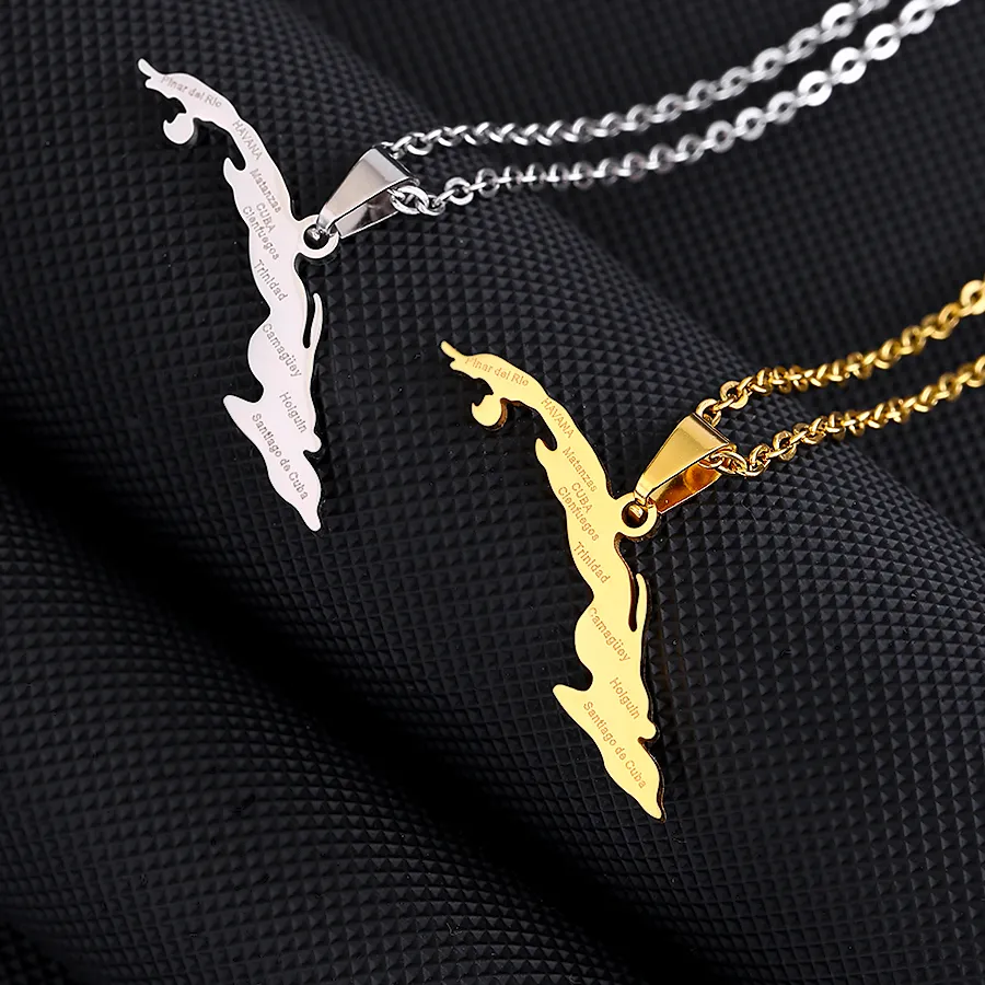 Authentic Fashion Cuba Map City Pendant Necklace Stainless Steel Gold Steel Color Men Women Ethnic Map Jewelry Gift