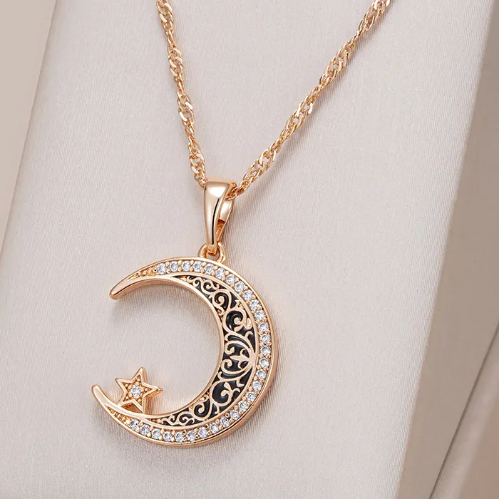 Authentic Kinel Trend Black Enamel Stars Moon Pendant Necklace for Women 585 Rose Gold Color With Natural Zircon Fine Daily Ethnic Jewelry